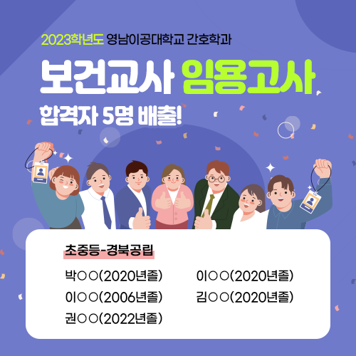 2023학년도 영남이공대학교 간호학과
보건교사 임용고사 합격자 5명 배출!

초중등-경북공립 / 박oo(2020년졸), 이oo(2020년졸), 이oo(2006년졸), 김oo(2020년졸), 권oo(2022년졸)